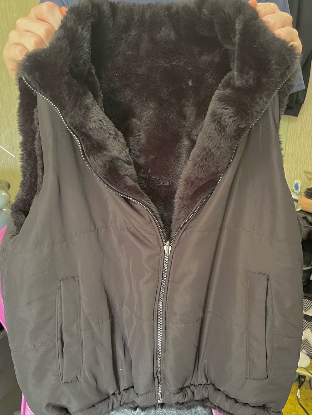 Women's Black Faux-Fur Lined Puffer Vest